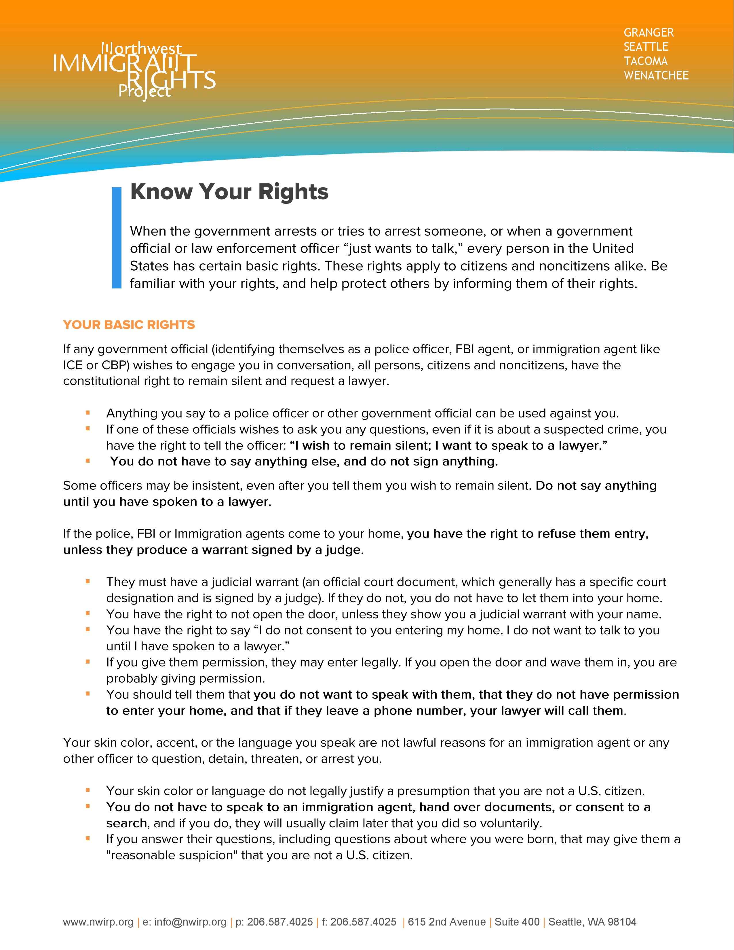 Know Your Rights from Northwest Immigrant Rights Project flyer