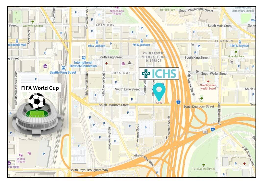 Map of International District with pins showing FIFA stadium and ICHS clinic