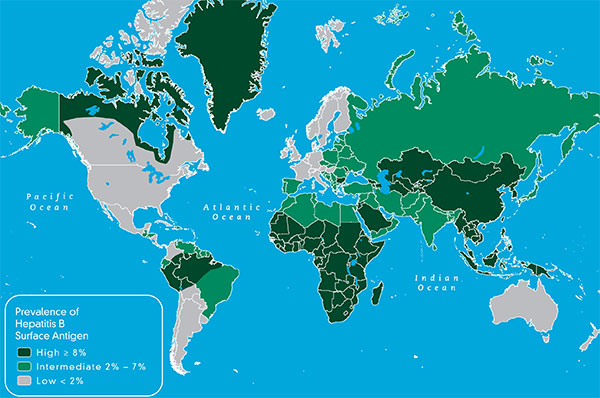 Map of countries with high Hepatitis B viral spread