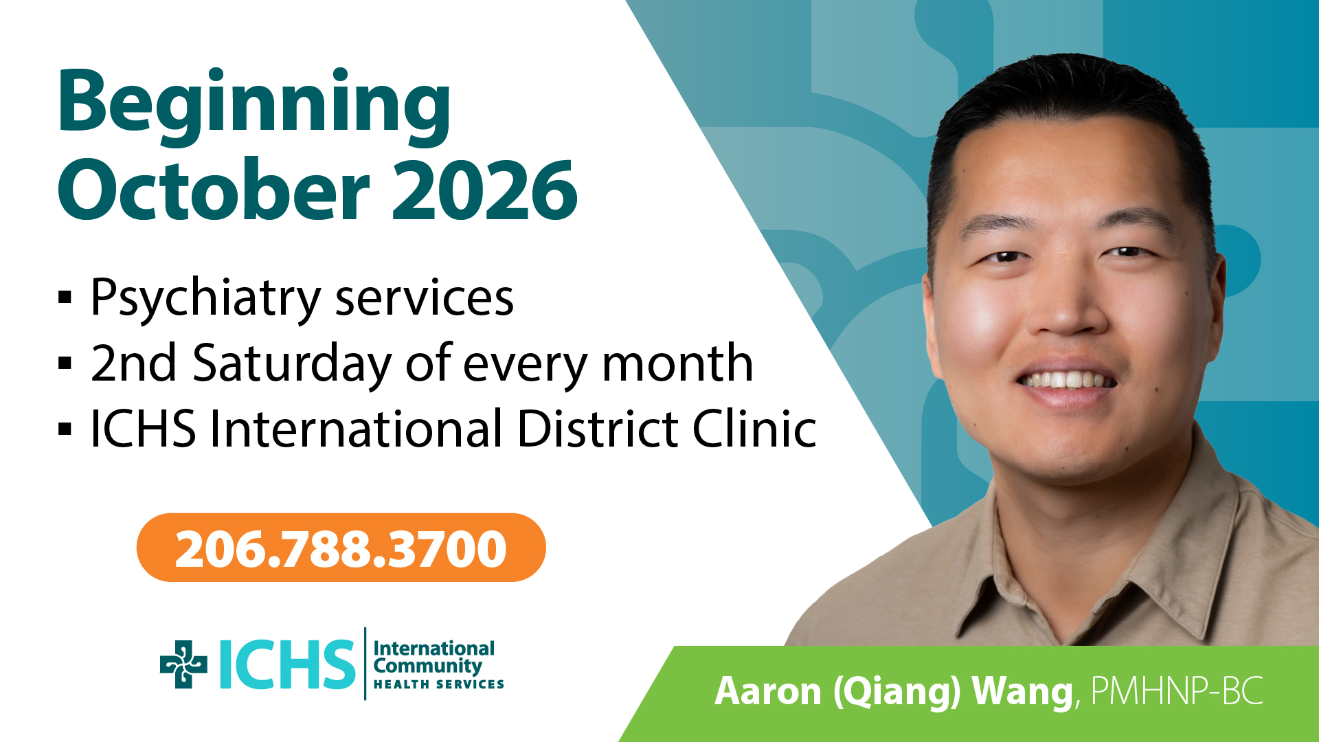 Beginning October 2026, the ICHS International District Clinic will offer psychiatry services on the 2nd Saturday of every month. Call 206-788-3700 to schedule an appointment today.